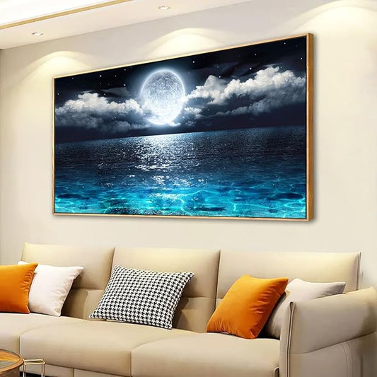 Canvas Wall Art for Living Room Bedroom Office Framed Ocean Beach Wall Art Paintings Pictures Artwork Moon Waves Blue Wall Decor 2.7cm Thick Frame, 20 * 40inch