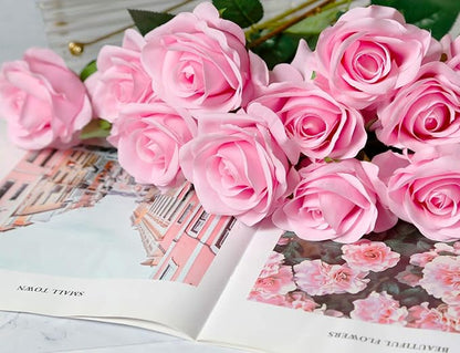 DuHouse 10pcs Fake Roses Artificial Silk Flowers Faux Rose Flower Long Stems Bouquet for Arrangement Wedding Centerpiece Party Home Kitchen Decor (Pink)