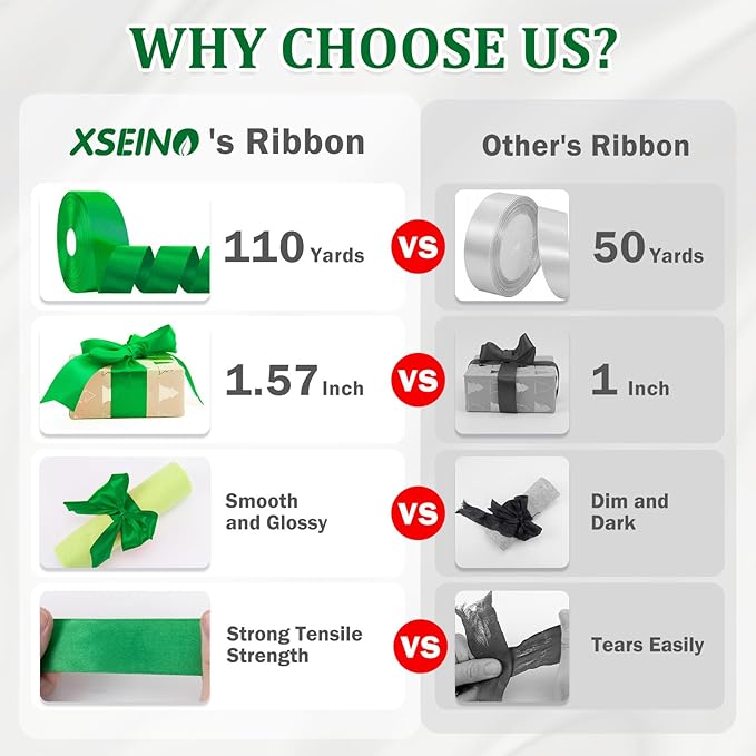 XSEINO 110 Yards Ribbon,1 1/2 Inch Dark Green Satin Ribbon for Flower Bouquet, Gift Wrapping, Ribbons for Crafts, Hair Bows Making, Wedding Party Decoration, Sewing, Invitation Cards, Christmas