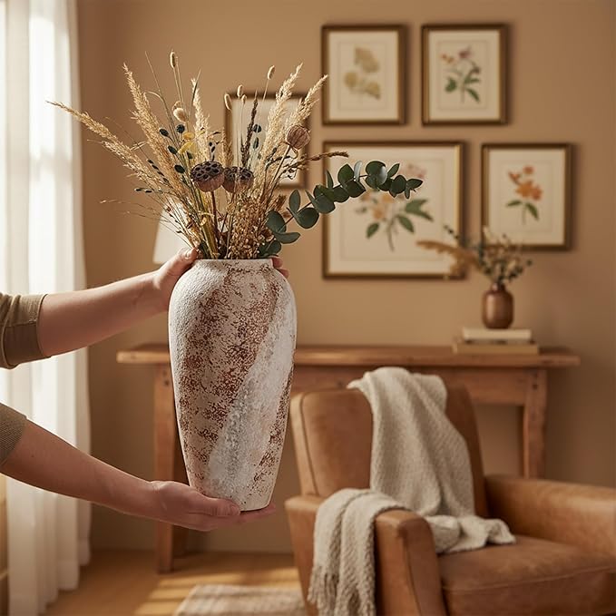 Vintage Ceramic Vase, Minimalist Texture Stone Patterned White Flower Vase, Decorative Vase for Living Room Shelf Farmhouse Dining Table Centerpiece Decor (Rustic 13.7'')