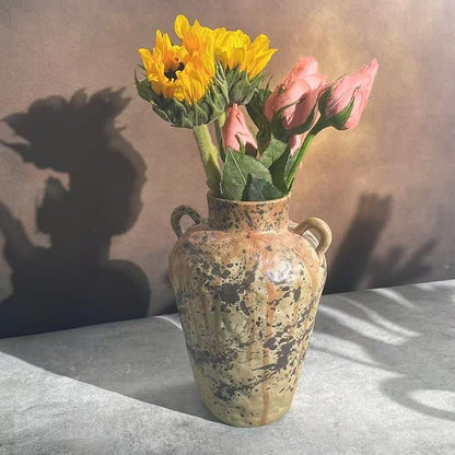 8IN Rustic Farmhouse Ceramic Vase Home Decor, Vintage Stoneware Clay Pottery Terracotta Textured for Modern Farmhouse, Living Room, Office Desk Table Shelf (Gray Black)