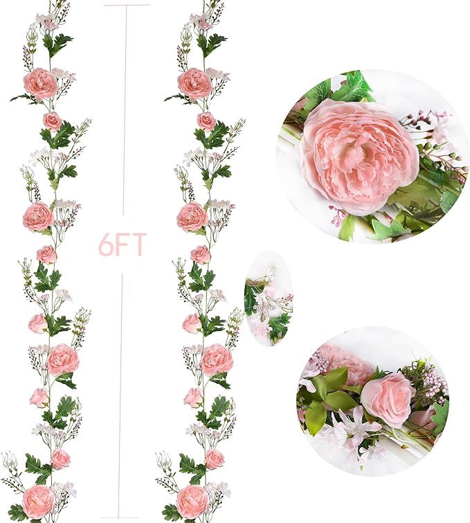 2 Pack Artificial Peony Flower Garland - 6ft Silk Peony Garland Flower Vine Pink Peony Silk Roses Flowers for Wedding Arch Party Table Decor (2, Pink)