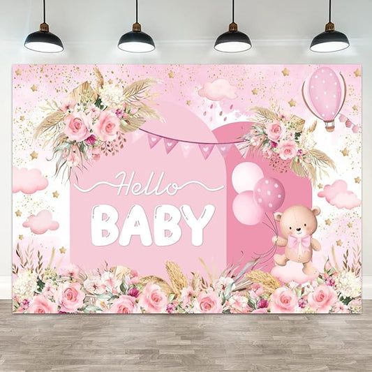 20x10ft Hello Baby Backdrop Pink Gold Boho Floral Bear Baby Shower Photography Background Balloon Stars Clouds Banner Decorations Welcome Newborn Celebration Party Portrait Photo Booth Prop