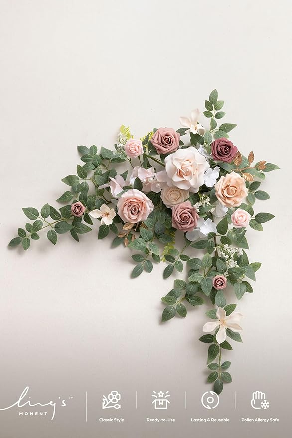 Ling's Moment Wedding Artificial Welcome Sign Flowers Swag Arch Floral Garland Decorations Dusty Rose Cream Ceremony Reception Entrance Entryway Party Banquets Easel Wall Home Outdoor(NOT Include Sign
