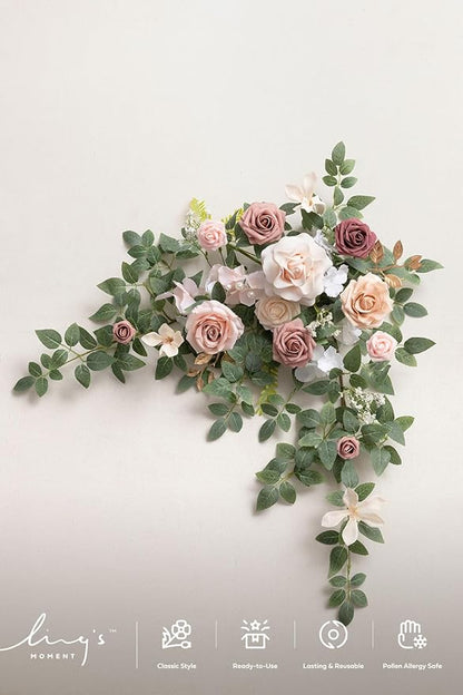 Ling's Moment Wedding Artificial Welcome Sign Flowers Swag Arch Floral Garland Decorations Dusty Rose Cream Ceremony Reception Entrance Entryway Party Banquets Easel Wall Home Outdoor(NOT Include Sign