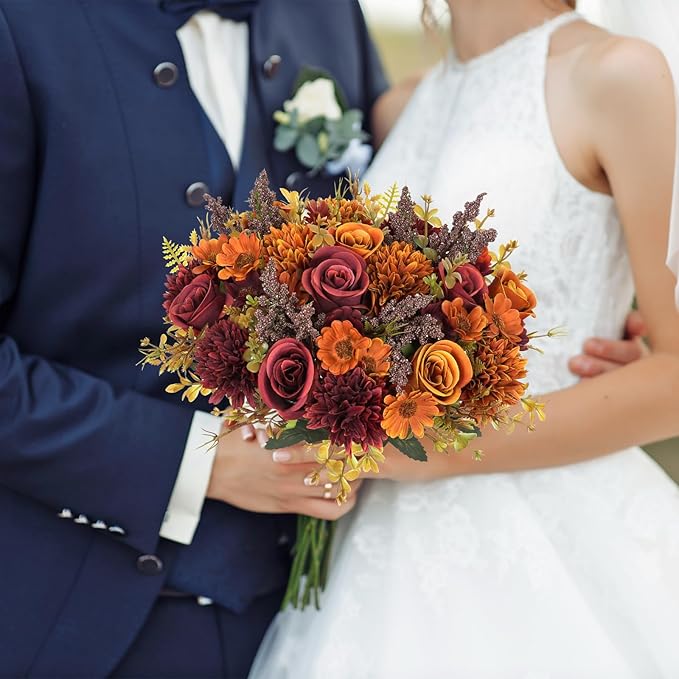 Dremisland Artificial Flowers Like Real Artificial Bouquet 2 Packs Silk Artificial Roses Bouquet with Daisy Chrysanthemum Pink Flowers for Centerpiece Table Wedding Party Home Decor