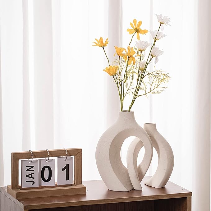Levvohd Hollow Ceramic Vase Set of 2, Modern Nordic Minimalist Book Style Boho Aesthetic Vases for Home Decor Living Room Shelf Entryway Coffee Centerpiece Table Decorative (Cream White)