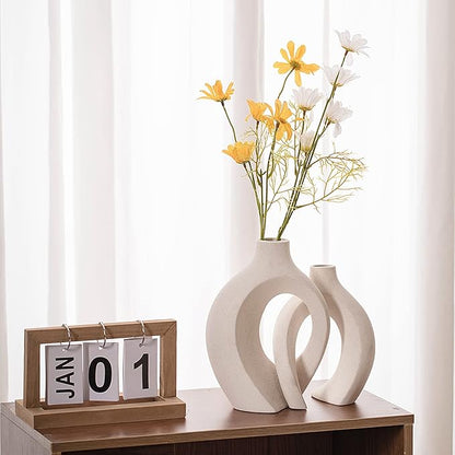 Levvohd Hollow Ceramic Vase Set of 2, Modern Nordic Minimalist Book Style Boho Aesthetic Vases for Home Decor Living Room Shelf Entryway Coffee Centerpiece Table Decorative (Cream White)