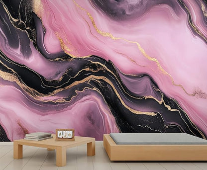 Pink Black Marble Wall Mural, Luxury Fluid Art 3D Wall Murals, Gold Vein Abstract Marble Wallpaper Mural, for Living Room Bedroom Large Wallpaper Indoor Decor 118" W x 82.6 "H