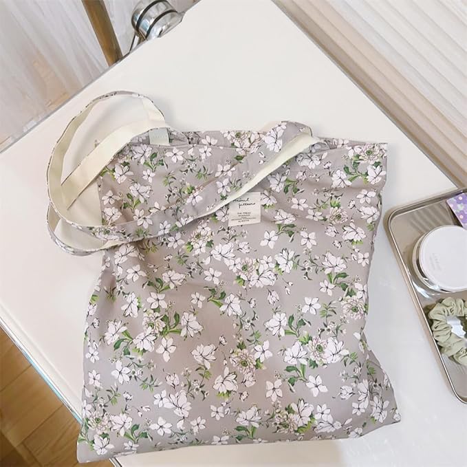 Cotton Canvas Tote Bag Reusable Soft Grocery Cloth Bag Floral Shoulder Bag for Beach Travel Shopping