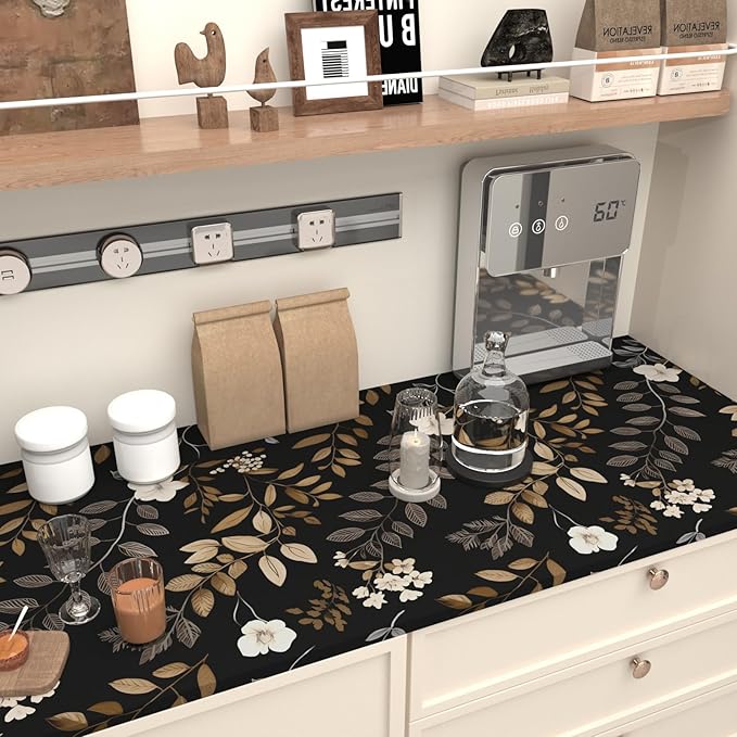 Black Floral Wallpaper Peel and Stick Vintage Leaf Contact Paper Waterproof Self Adhesive Removable Modern Boho Wall Paper for Bedroom Cabinets Kitchen Locker Drawer 17.5"X118"