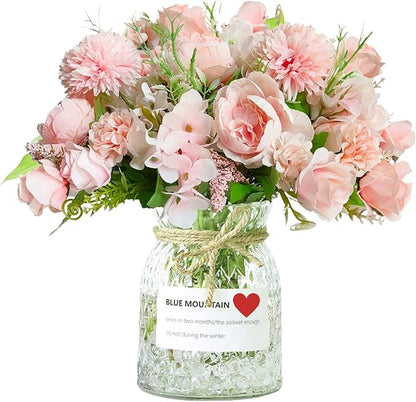 ASTRYAS Artificial Flowers, 2PCS Small Silk Flowers for Home Decor Indoor Fake Bouquet Faux Floral Arrangements Dining Table Centerpieces for Kitchen Bridal Wedding Party Decor, Pink