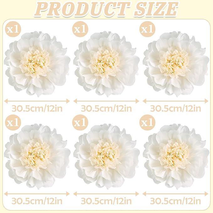 6PCS White Paper Flowers Decorations for Wall Giant Tissue Paper Flowers 12‘’ White Giant Crepe Artificial Flowers Large Flowers for Wedding Birthday Baby Shower Party Home Decor Supplies