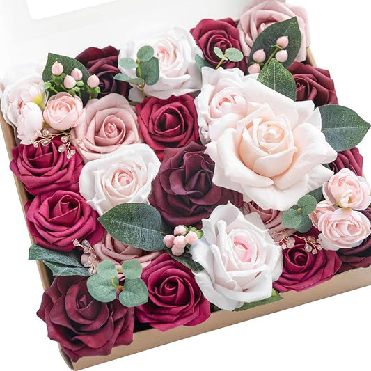 Ling's moment Fake Flowers Box, Faux Artificial Greenery Stems Foam Roses Silk Ranunculus Eucalyptus Leaves Fabic Flower for Centerpieces Bouquet Wedding Vase, Berry Pink & Blush, Grand Combo