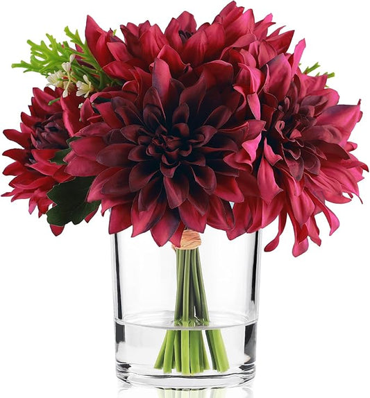 WELL KNOWN Dahlia Artificial Flowers in Vase, Silk Faux Flower Arrangements in Vase with Faux Water for Dining Table Centerpieces, Home Decor, Thanksgiving Christmas Greeting Gift (Fuchsia Red)