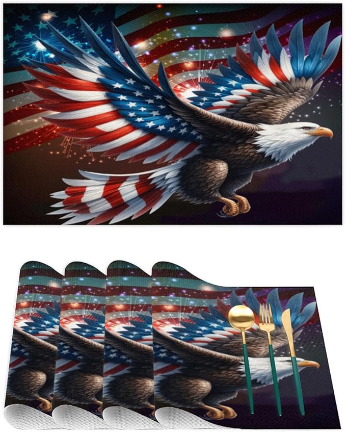 Independence Day Bald Eagles Flag Placemats Set of 6 PVC Vinyl Non Slip Table Mats Waterproof Heat Resistant Place Mats Washable Wipeable Dining Table Mat for Kitchen Party Indoor Outdoor Decorative