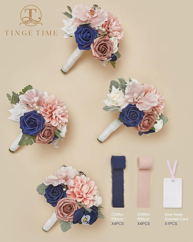 TINGE TIME 7inch Wedding Bouquets for Bridesmaid, Artificial Flowers Cascading Bridal Bouquet for Wedding (Dusty Rose & Navy Blue, Set of 4)