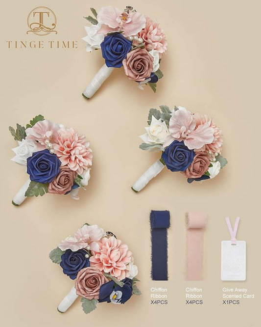TINGE TIME 7inch Wedding Bouquets for Bridesmaid, Artificial Flowers Cascading Bridal Bouquet for Wedding (Dusty Rose & Navy Blue, Set of 4)