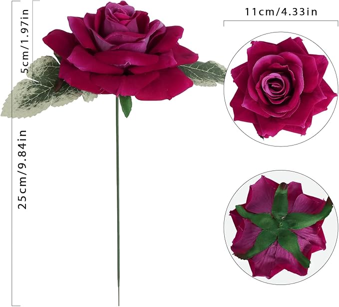 Hot Pink Roses 16pcs Artificial Velvet Roses Head Bulk Silk Flowers 4.3" Hot Pink Artificial Roses with Stems for Wedding Flowers for Centerpieces Home Party Decor (Hot Pink)