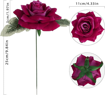 Hot Pink Roses 16pcs Artificial Velvet Roses Head Bulk Silk Flowers 4.3" Hot Pink Artificial Roses with Stems for Wedding Flowers for Centerpieces Home Party Decor (Hot Pink)