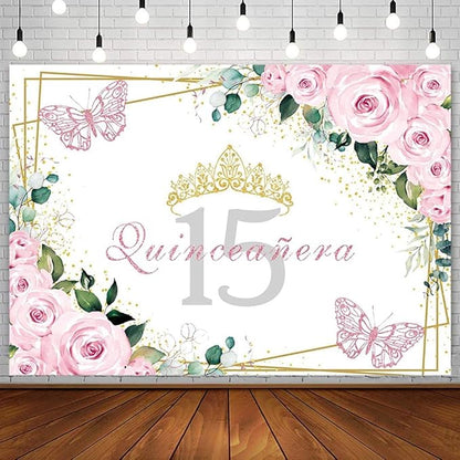 Sendy 7x5ft Quinceañera Backdrop Mis Quince 15 Anos Birthday Party Decorations Supplies for Girl Princess Pink Floral Butterfly Gold Crown Photography Background Banner Photo Booth Studio Props