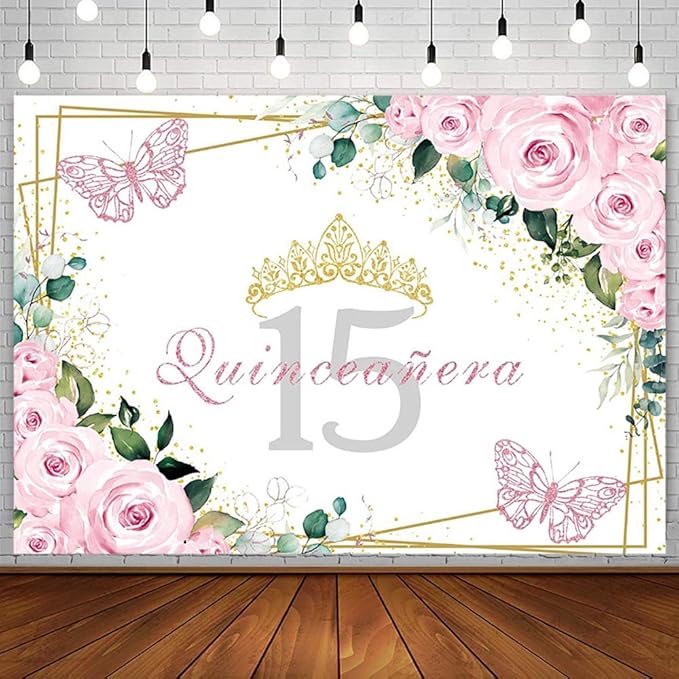 SENDY 10x7ft Quinceañera Backdrop Mis Quince 15 Anos Birthday Party Decorations Supplies for Girl Princess Pink Floral Butterfly Gold Crown Photography Background Banner Photo Booth Studio Props