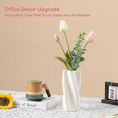 White Ceramic Vase with Ruffled Texture - 8.9" Unique Flower Vase for Pampas Grass & Centerpieces, Decorative Boho/Farmhouse Vase for Living Room, Office Desk & Housewarming Gift (for Her/Yourself)