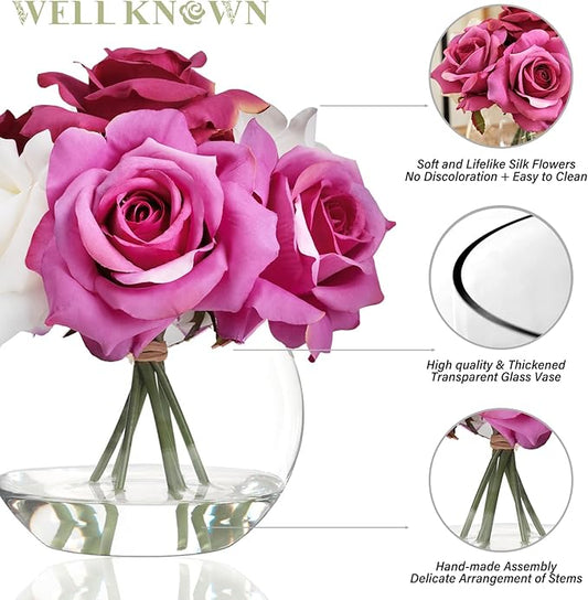 WELL KNOWN Artificial Flowers with Vase, Artificial Rose Flower Arrangements, Silk White & Pink Roses Bouquet in Glass Vase with Fake Water for Home Office Hotel Wedding Party Dinning Table Decor Gift
