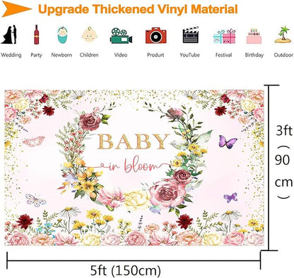 InMemory Baby in Bloom Backdrop Wildflower Baby Shower Decorations for Girl,Spring Wildflowers Baby in Bloom Baby Shower Banner Background Wild Floral Girl Shower Party Supplies Photobooth Props 5x3ft