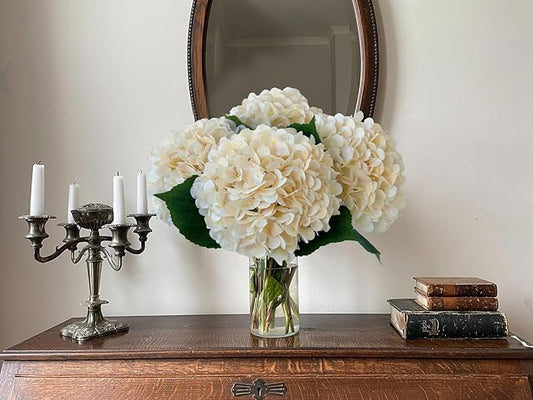 YalzoneMet 4Pcs Champagne Silk Hydrangea Artificial Flower Lifelike Big Blooms 20'' Long Stem Faux Hydrangea Flower Bouquets for Home Party Indoor Outdoor Wedding Table Centerpiece Decor