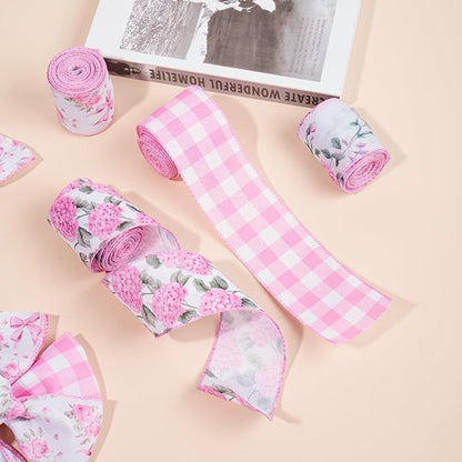4 Rolls Pink Floral Wired Ribbon Set - 2.5 Inch Wide, 20 Yards Total – Rose Patterned Pink and White Vintage Satin Ribbon for Crafts, Spring, and Floral Decor, Mother's Day Gift for her