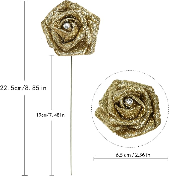 IPOPU Gold Roses,25PCS Glitter Roses Bouquet Gold Artificial Roses with Crystal for Christmas Wedding Bouquet Home Party Decoration(Gold)
