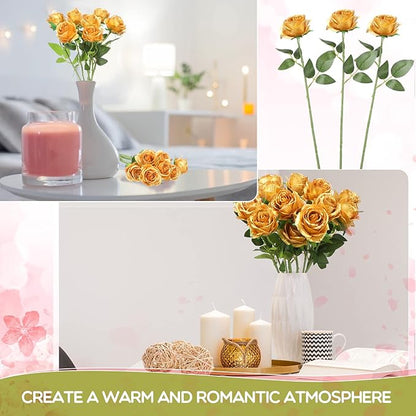 Jexine 50 Pcs Artificial Rose Flower Bulk Realistic Silk Fake Roses with Long Stem Plastic Artificial Flower Bouquet Real Looking for Home Wedding Centerpieces Party Decoration(Gold)