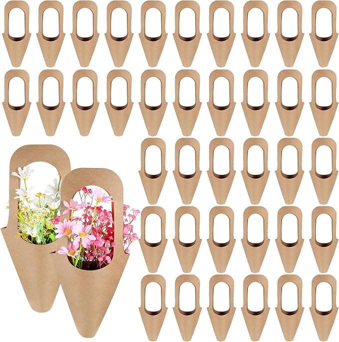 40 Pcs Kraft Paper Flowers Gift Bags Bouquet with Handle Flower Wrapping Paper Bouquet Kraft Floral Bags Cone Flower Sleeves for Packaging Wedding Graduation Party