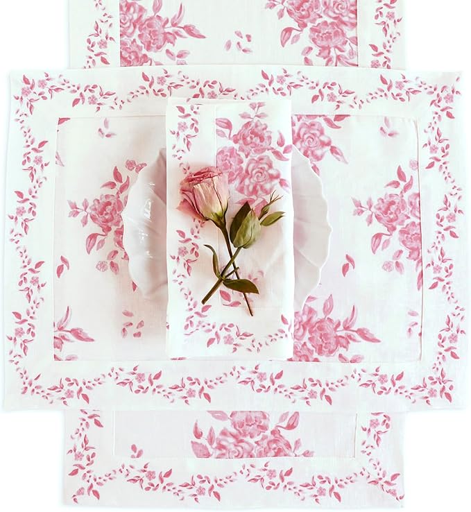 Solino Home Pink Floral Print Table Runner 120 Inches Long - 100% Pure Linen Table Runner 14 x 120 Inch - Handcrafted and Machine Washable - Jolie Fleur Print