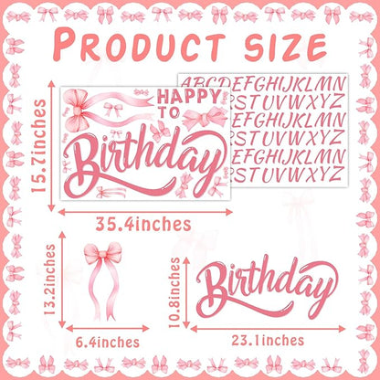 Custom Name Happy Birthday Signs for Backdrop Sweet Girl Birthday Party Vinyl Stickers for Pink Bow Balloon Arch Decoration Women Happy Birthdays Letters Banner Photo Background Sticker Party Supplies