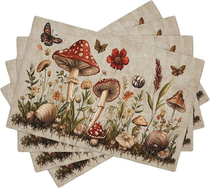 Rustic Mushroom Placemats Set of 4 Washable Table Mats Vintage Botanical Leaf Heat-Resistant Cotton Linen Place Mats for Dining Table Kitchen Indoor Outdoor Party Holiday Decor