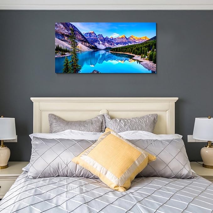 Wall Art Lake Mountain Landscape Picture Print Canvas Wall Art for Living Room Bedroom, Modern Giclee Artwork Home Decor Stretched and Framed Ready to Hang, Waterproof Artwork -28x57inches
