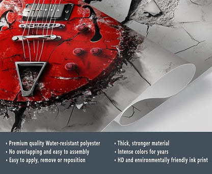 Red Electric Guitar Wall Mural, Grunge Style Guitar 3D Wall Murals, Rock Music 3D Explosion Wallpaper Mural, for Living Room Bedroom Large Wallpaper Indoor Decor 137.8" W x100 H