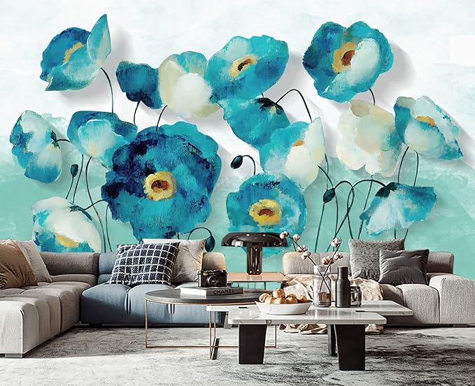 Blue Oil Painting Flowers Wall Mural Wallpaper for Bedroom 137" x 100"