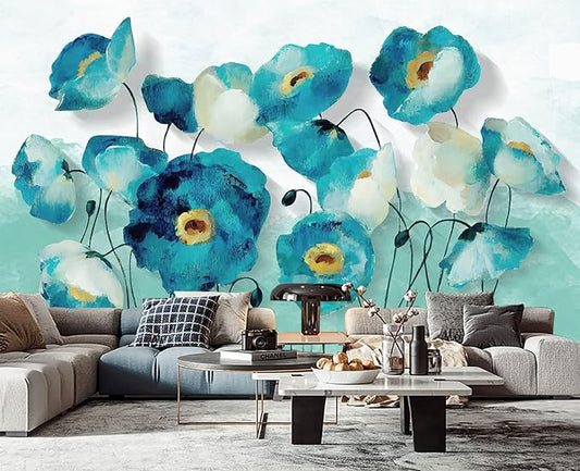 Blue Oil Painting Flowers Wall Mural Wallpaper for Bedroom 103" x 69"