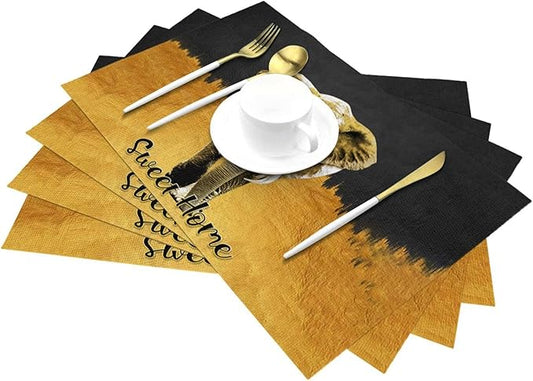 Elephant Placemats Set of 4, Black Gold Table Mats for Dining Table, Heat Resistant Washable Linen Place Mats for Home Party Kitchen Decoration 12"x18"