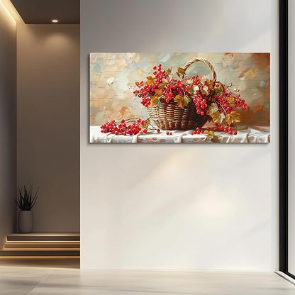 hyidecorart Large Canvas Print Wall Art Rustic Dining Room Artwork For Walls Still Life Bamboo Basket And Fruit Vintage Wall Decor Pictures For Living Room Farmhouse Kitchen Bar Office Posters 30x60