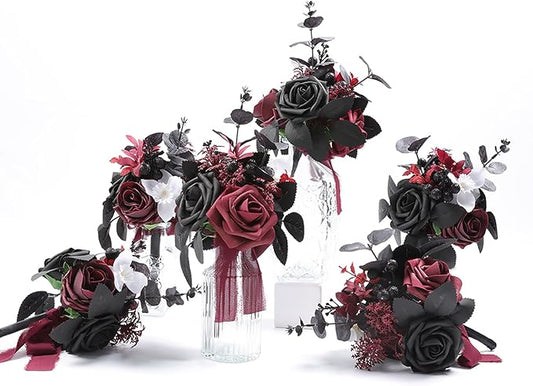 Meldel Wedding Flowers Fake Rose Mini Bridesmaid Bride Bouquets Black Burgundy Set of 6 Small Floral Wedding Centerpieces Decor Artificial Flower Arrangements for Tables Home Party Decorations