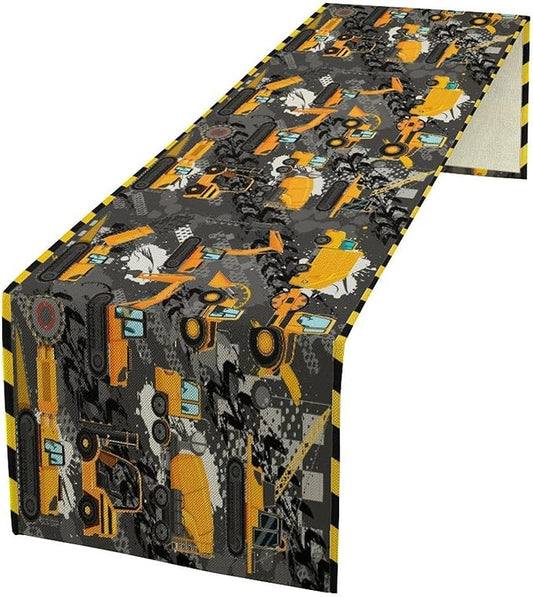 Cartoon Car Table Runner,Boy Kids Construction Yellow Tractor Excavator Tablecloth Burlap for Hotel Indoors Outdoor Dining Room Kitchen Home Decor,W13X L108 in