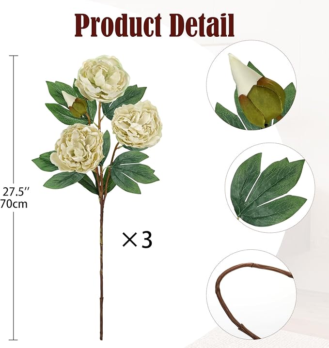 Briful 3 Pack Artificial Peony Flower 27.5" Tall White Silk Peonies Floral Stems Real Touch Faux Peony Flower for Wedding Bouquets Home Floral Arrangements Table Centerpieces DIY Décor
