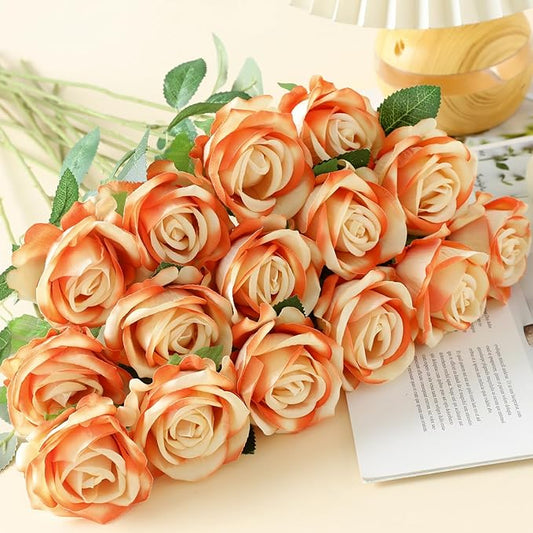15Pcs Pearl Sunset Red Roses Artificial Flowers Fake Roses Long Stem Velet Rose Silk Flowers for Home Wedding Decoration (Pearl Roses,Sunset Red)
