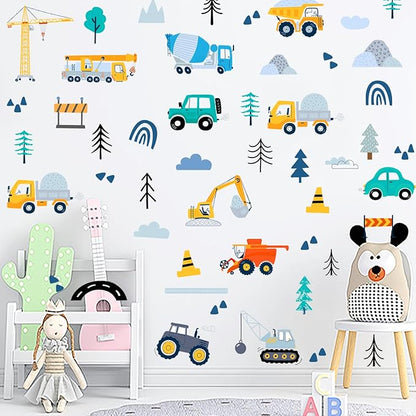 AOWDIAO Construction Vehicle Wall Decals – 90Pcs Reusable Peel and Stick Vinyl Stickers for Kids’ Room, Nursery & Playroom – Removable Truck Decoration for Boys & Toddlers