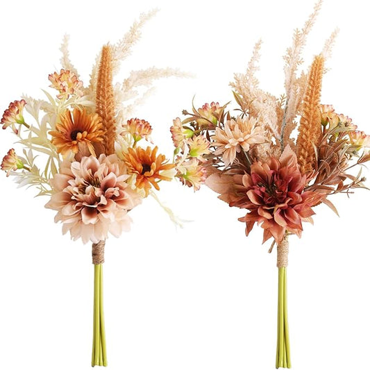 Fake Flower Bouquet, Faux Flower Arrangement for Decorating Kitchens, Bedrooms, Bathrooms, Realistic Artificial Flowers Made of Silk & Plastic, Floral Decoration with Dahlia & Small Blossoms
