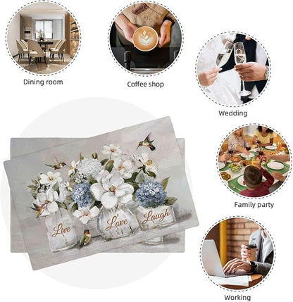 White Flower Placemats Set of 6, Hummingbirds Floral Live Love Laugh Double-Sided Table Mats for Kitchen Dining Room Home Party Indoor 6 PCS 12x18 Inch